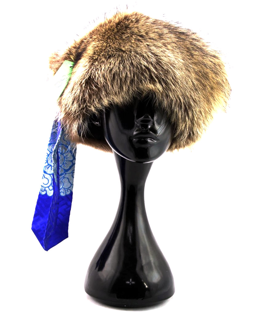 A blue silk raccoon hat