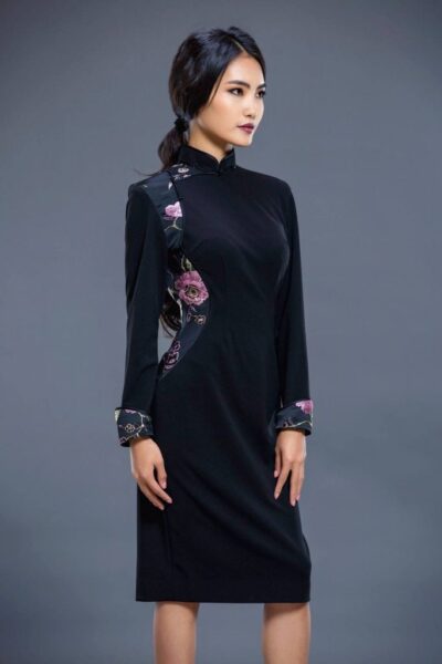 Black Mongolian Women's Dress with Flower