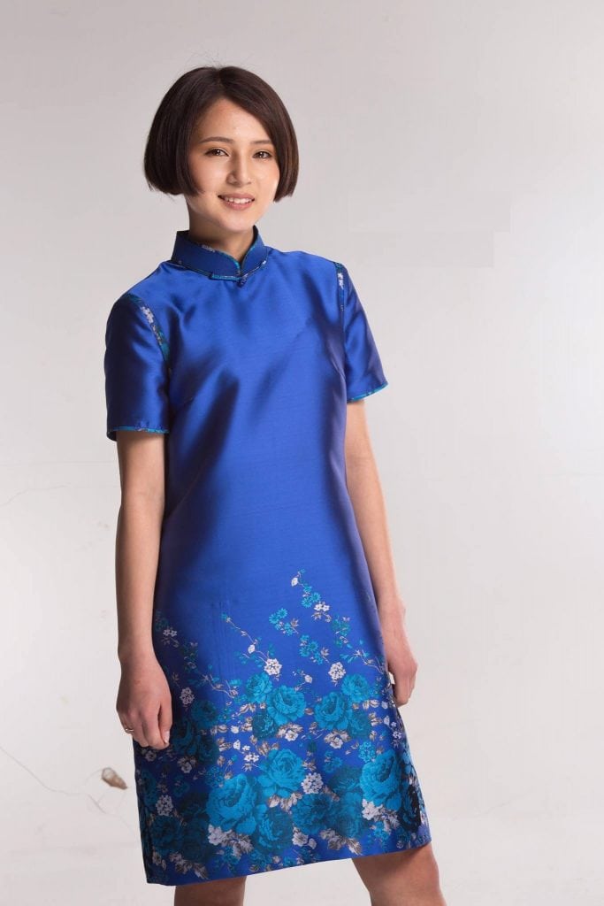 Blue Mongolian Women's Dress with Flowers