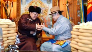 Mongolian Ex President Greeting with Prime Minister during Tsagaan Sar
