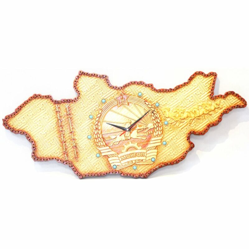 Wooden Clock with Emblem of Mongolia