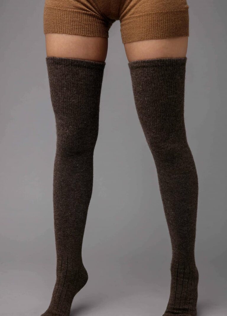 Dark Brown Camel Wool Thigh High Socks - Mongulai.com