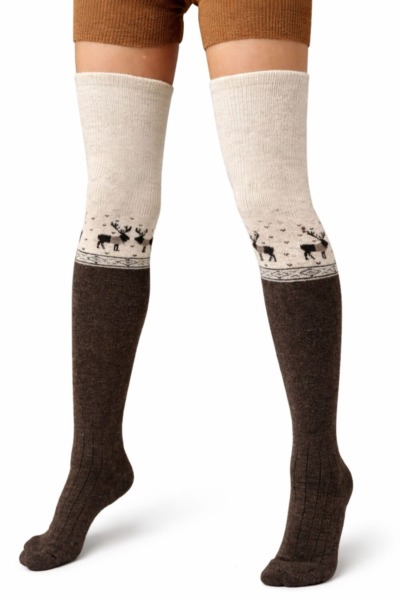 100% Sheep Wool Thigh High Socks with Deer