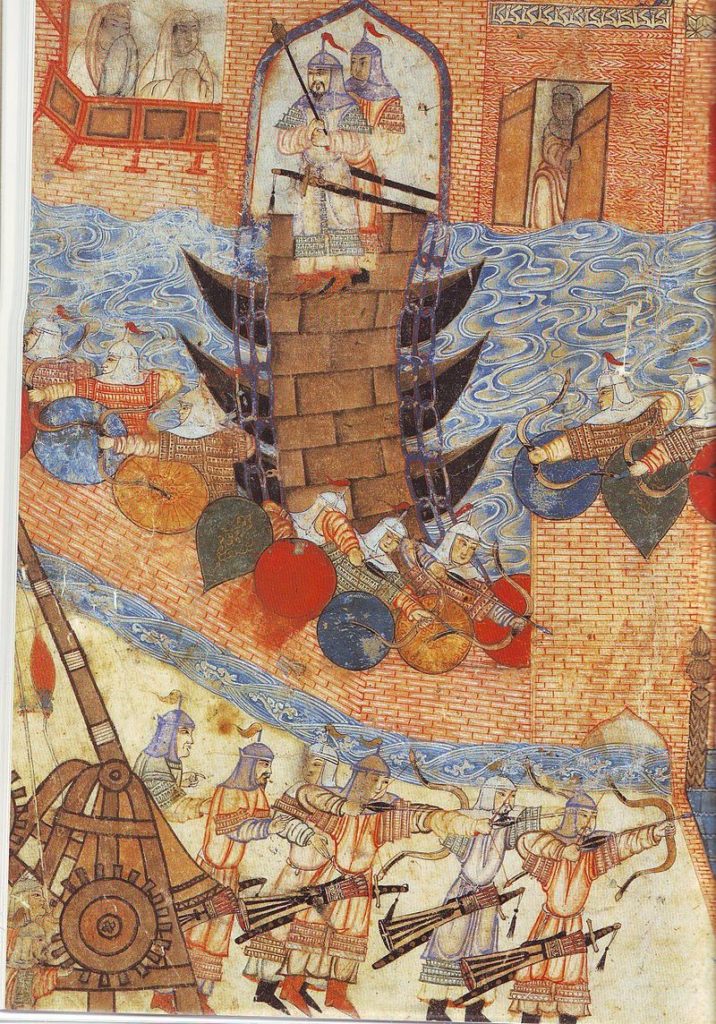 800px Persian painting of Hülegü’s army attacking city with siege engine