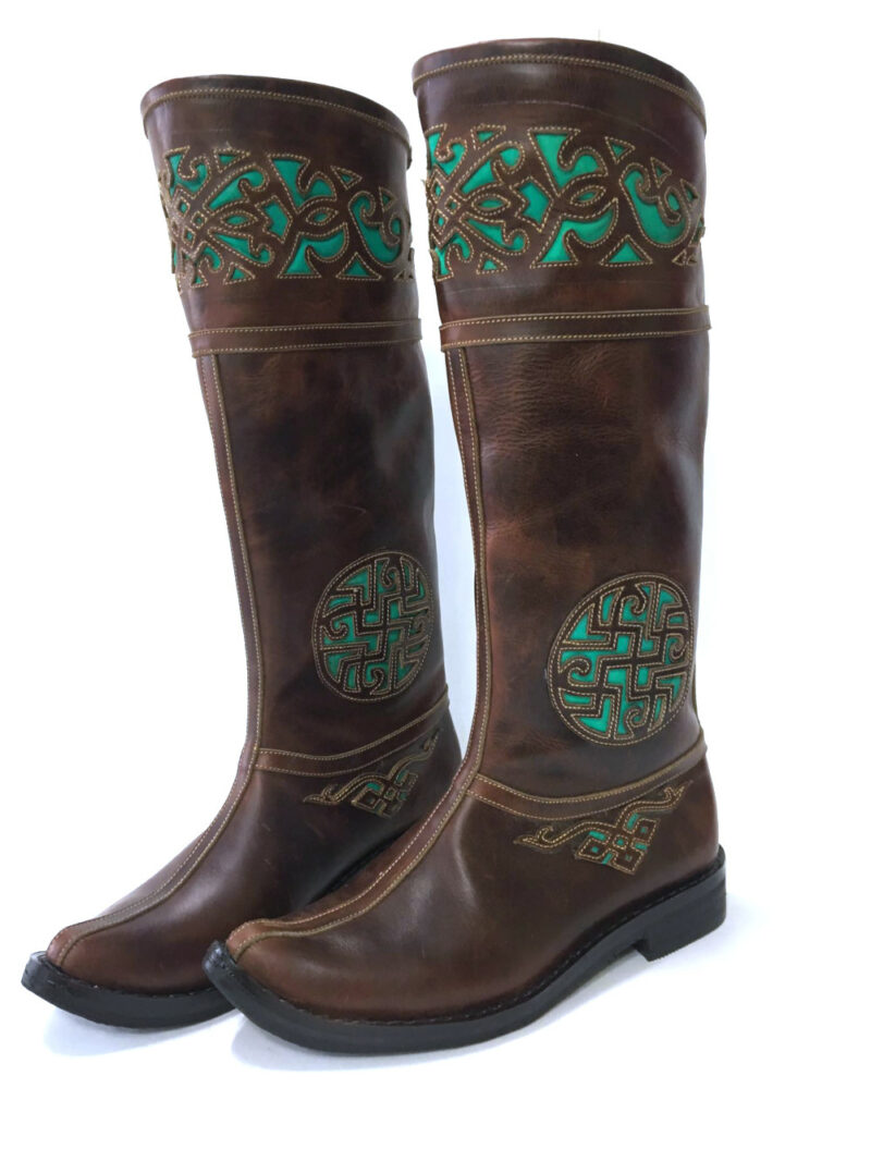 Mongolian Brown Boots with Green Embroidery