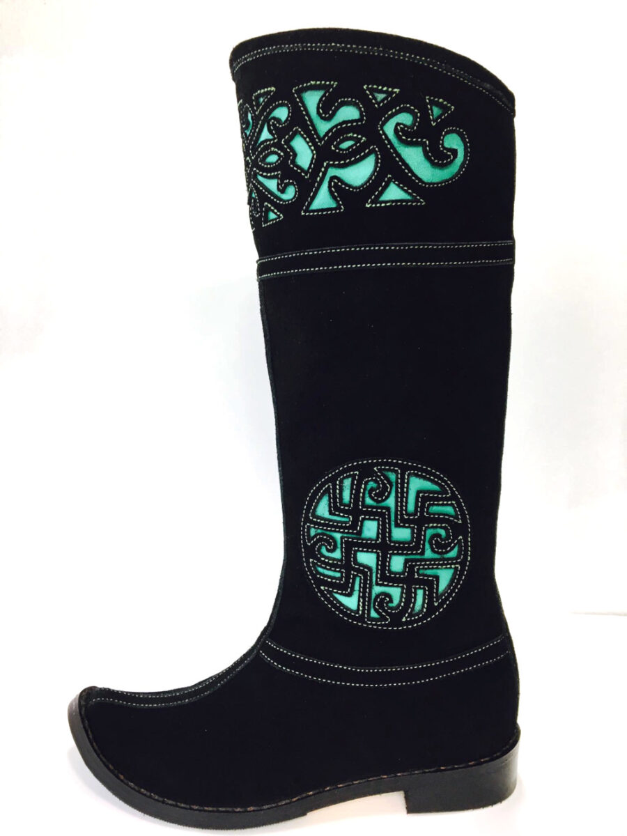 Mongolian Women Black Boots with Green Embroidery