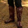 Maroon | Maroon Boots With White Embroidery