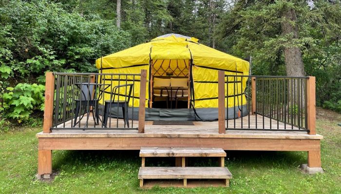 yellow yurt in the woods