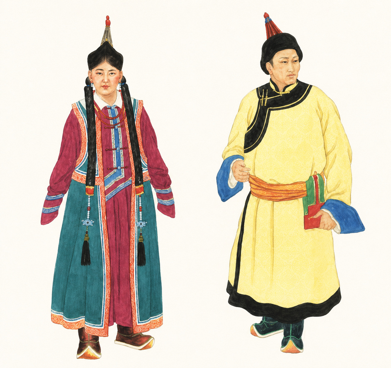 Mongolian Traditional Clothing: Deel Styles, Hats and Identity 4 Bayad Mongolian couple wearing traditional clothing and hats