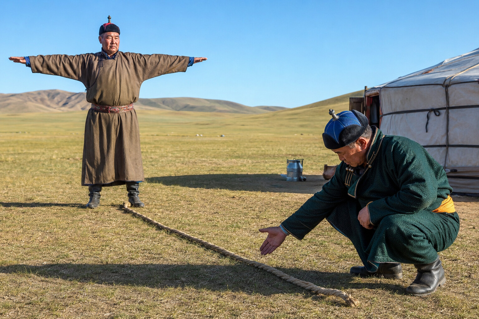 Traditional Mongolian Measurements: Time, Length and Distance 2 Herders demonstrating body-based measurement on the steppe