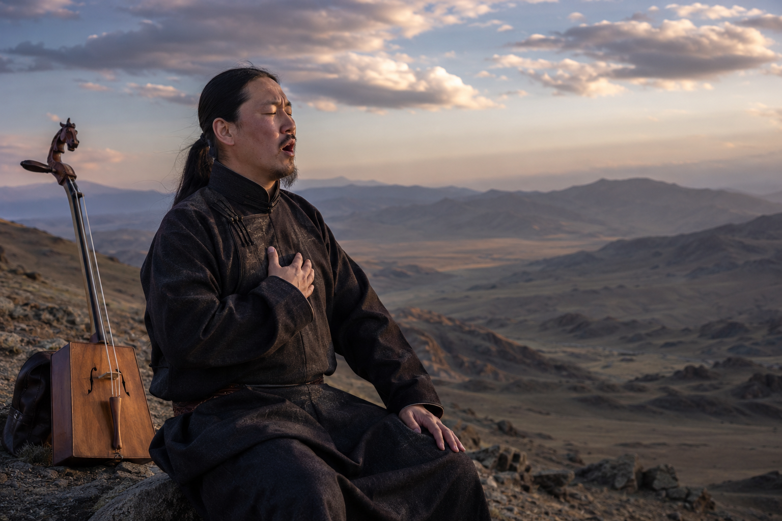 Mongolian khöömei throat singer in the Altai Mountains