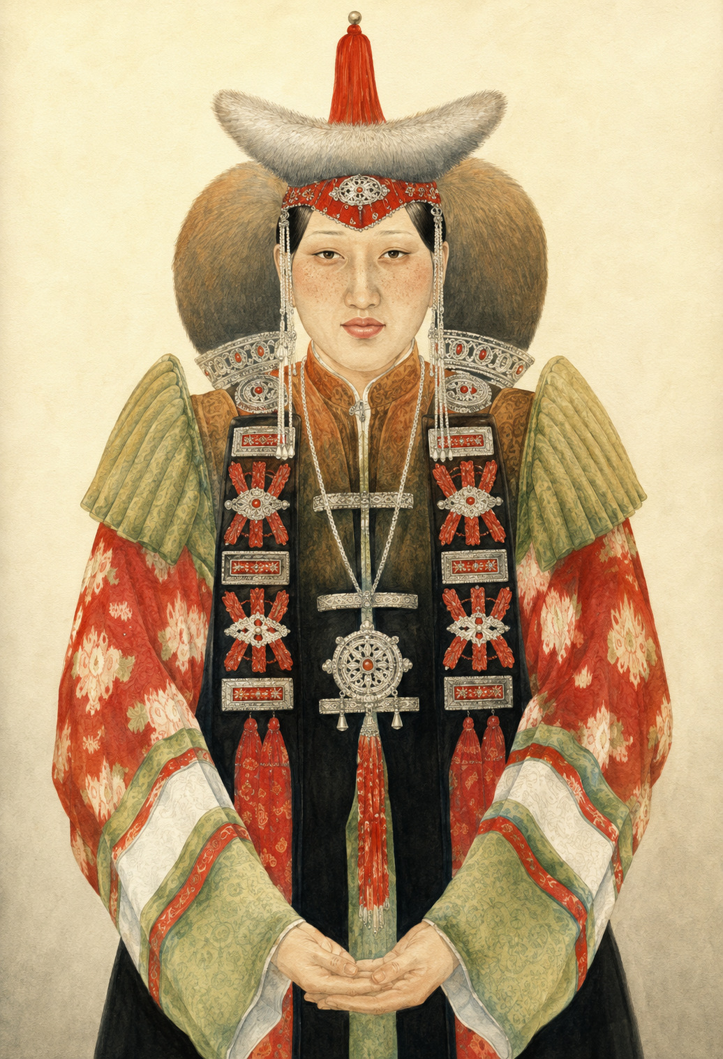 Mongolian Traditional Clothing: Deel Styles, Hats and Identity 8 Myangad Mongolian woman wearing a ceremonial headdress and traditional dress