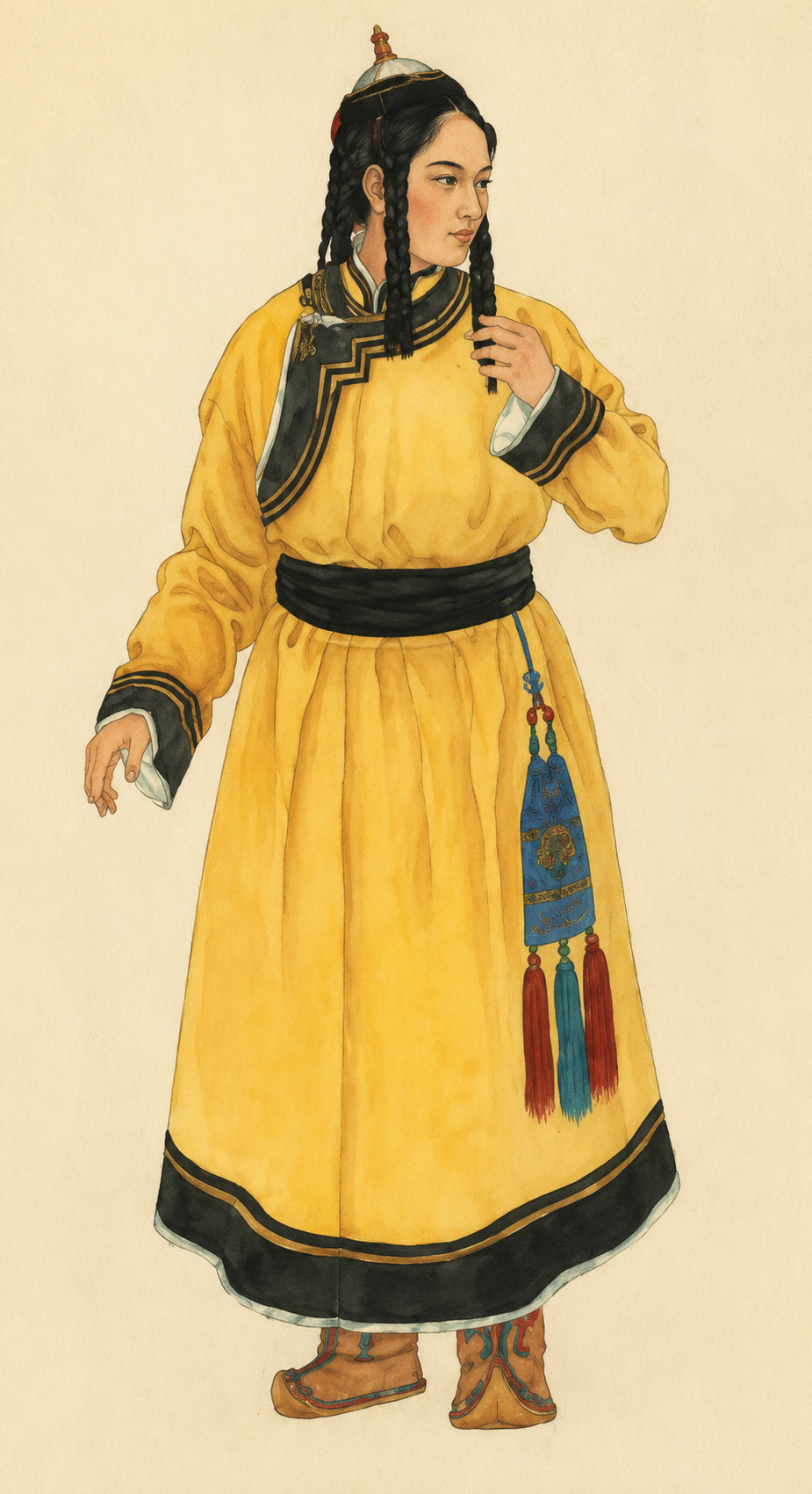 Mongolian Traditional Clothing: Deel Styles, Hats and Identity 6 Zakhchin Mongolian woman wearing a yellow deel and traditional hat