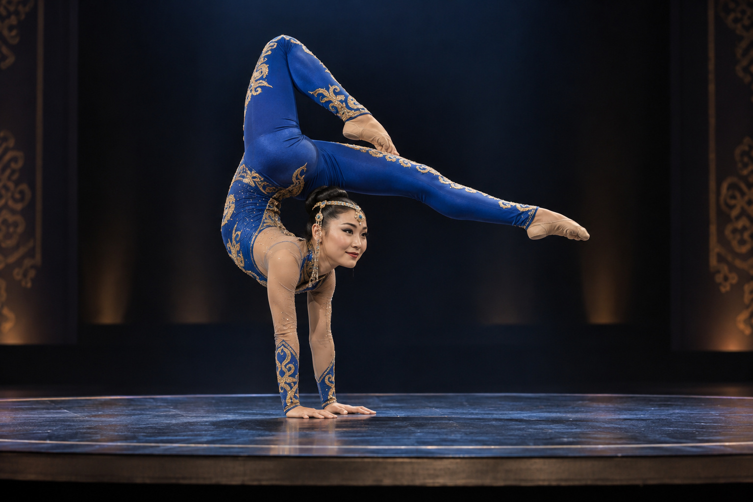 Adult Mongolian contortion artist performing a controlled chest stand on a padded stage