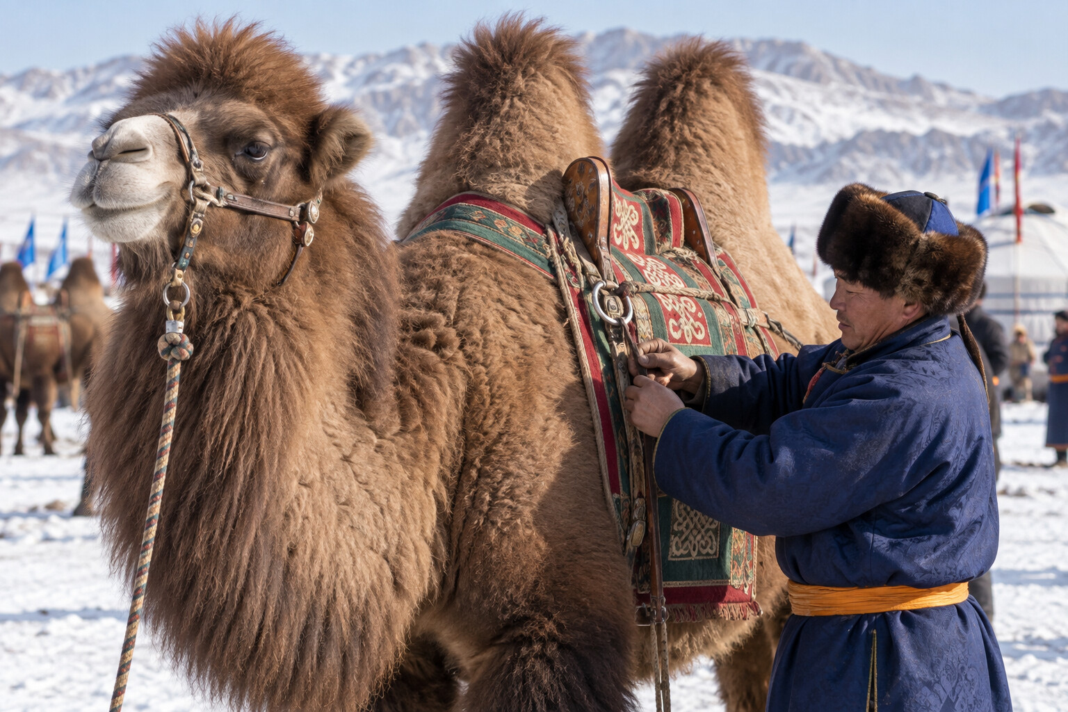Mongolian Camel Festival: Gobi Herders and Bactrian Camels 2 Mongolian herder checking a traditional saddle on a two-humped Bactrian camel