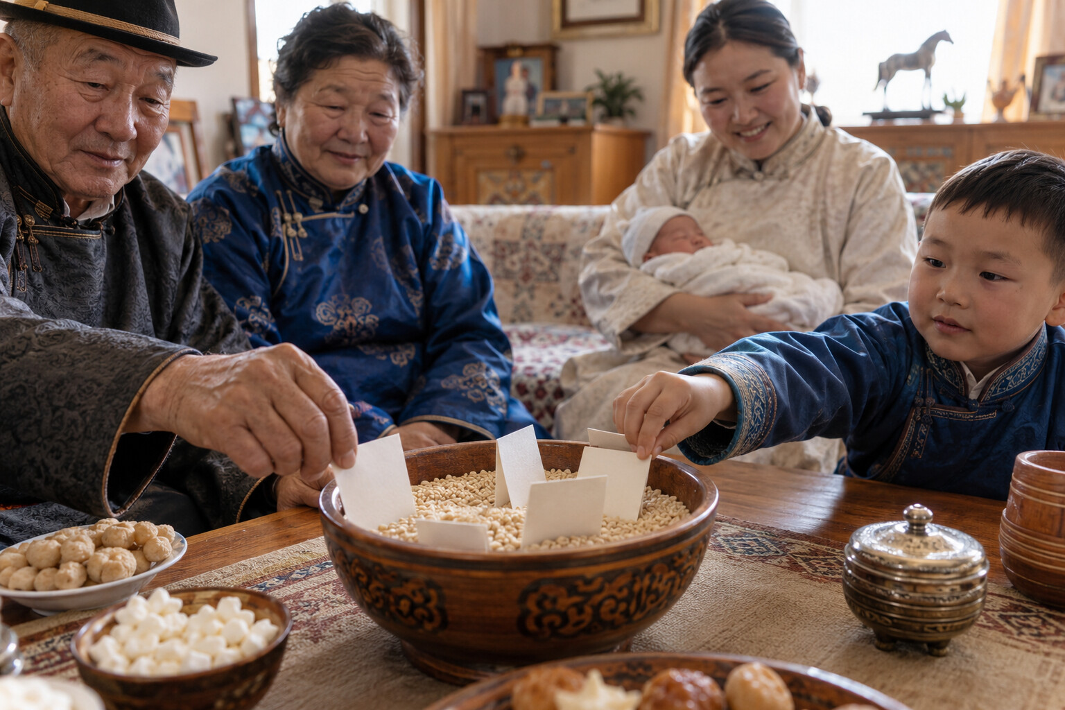 Mongolian Child Naming Ceremony: Names, Blessings and Safety 2 Mongolian family choosing among folded name cards placed in a bowl of grain