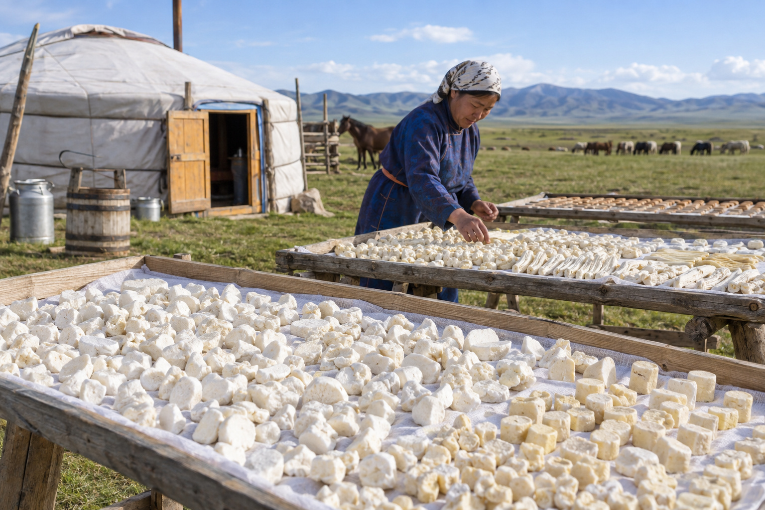 Mongolian Food History: Pastoral Diet, Dairy and Seasonal Eating 2 Mongolian herders processing milk and arranging aaruul curds to dry beside a ger