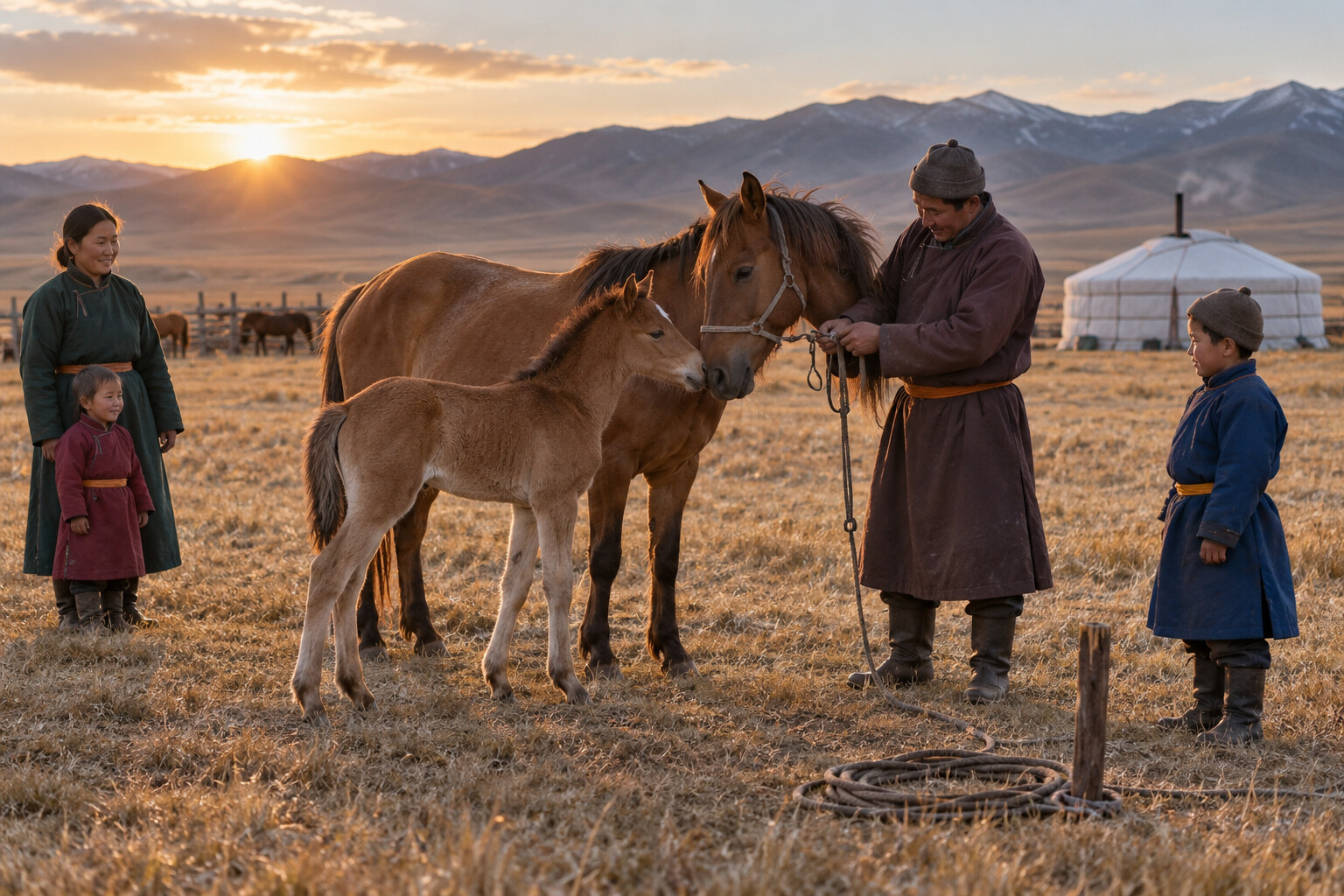 Mongolian herding family releasing a healthy mare and foal together in autumn