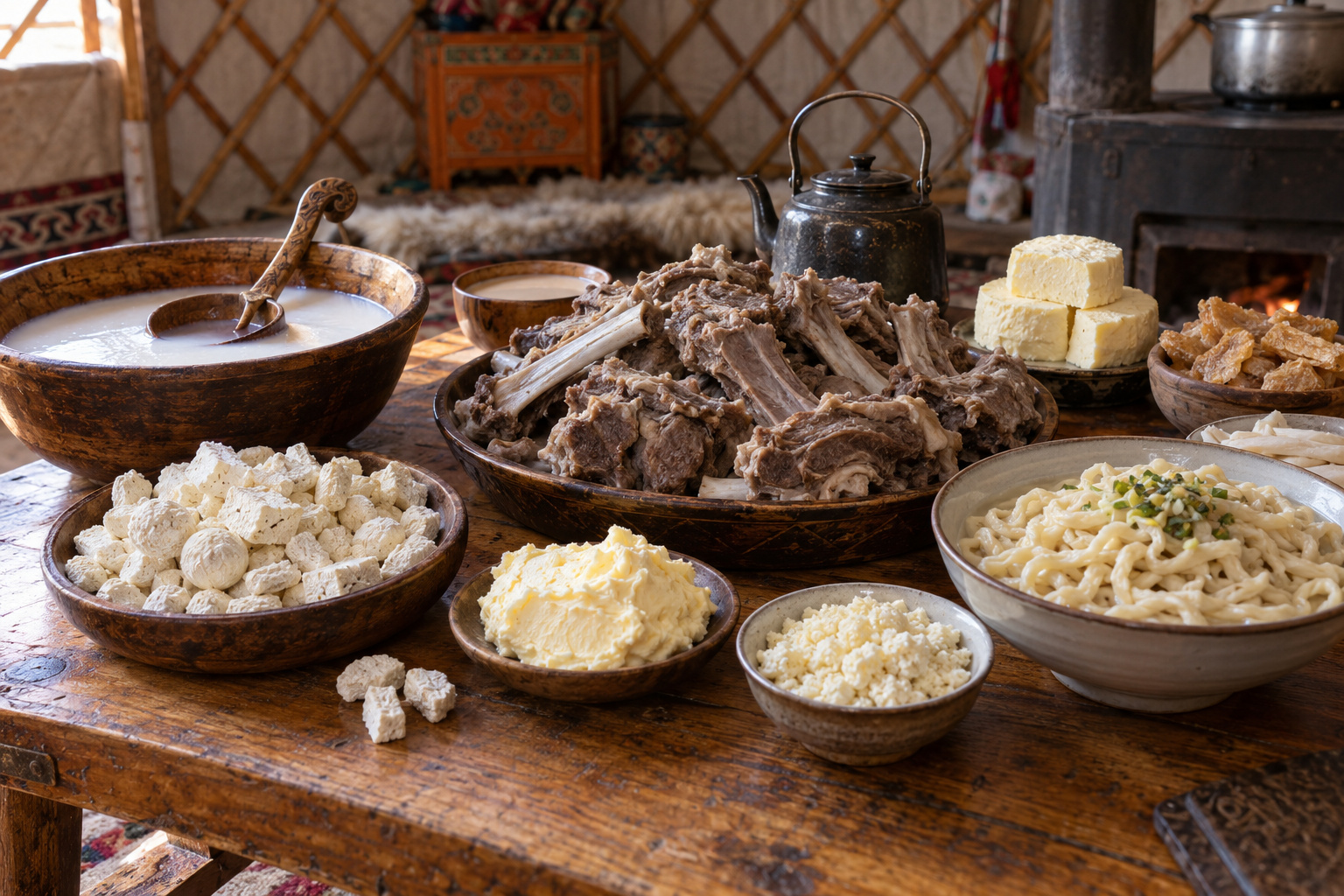 Mongolian Food History: Pastoral Diet, Dairy and Seasonal Eating 56 Mongolian pastoral family serving boiled meat, dumplings, dairy foods and milk tea inside a ger