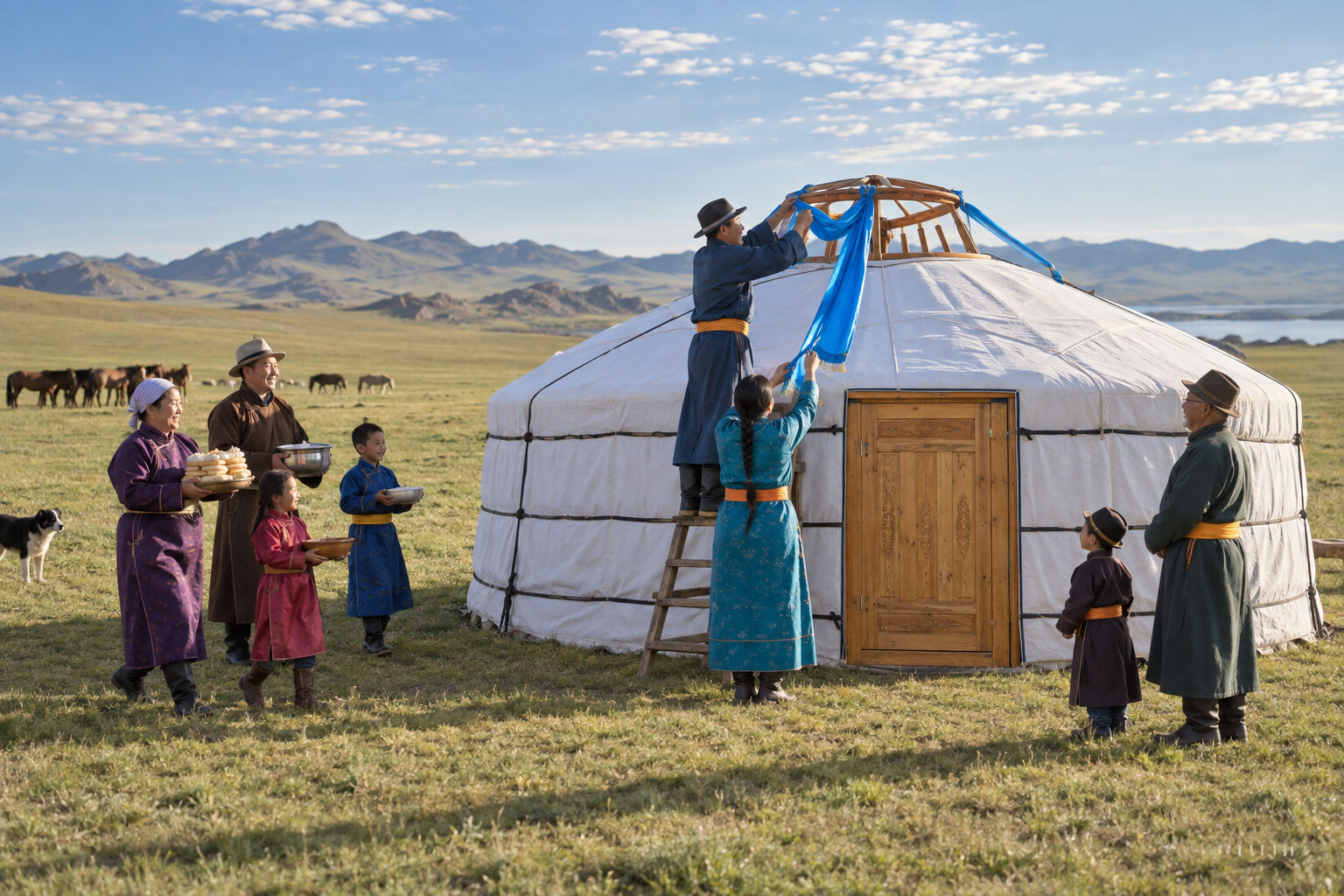 Mongolian family tying a blue khadag to the crown of a newly erected ger on the steppe