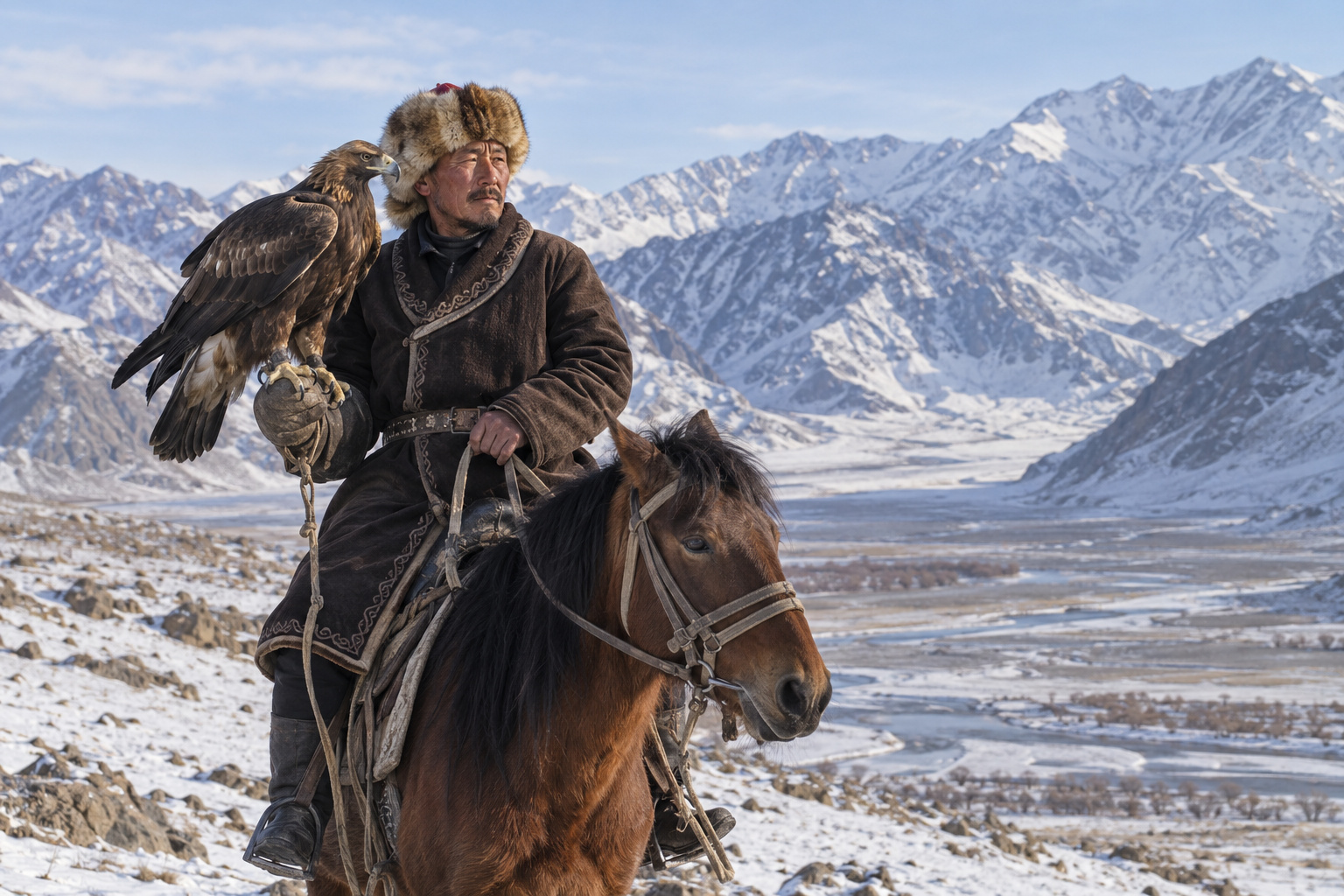 Eagle Hunting in Mongolia: Kazakh Tradition and Bird Care 9 Kazakh Mongolian eagle hunter on horseback with a golden eagle in the snowy Altai Mountains