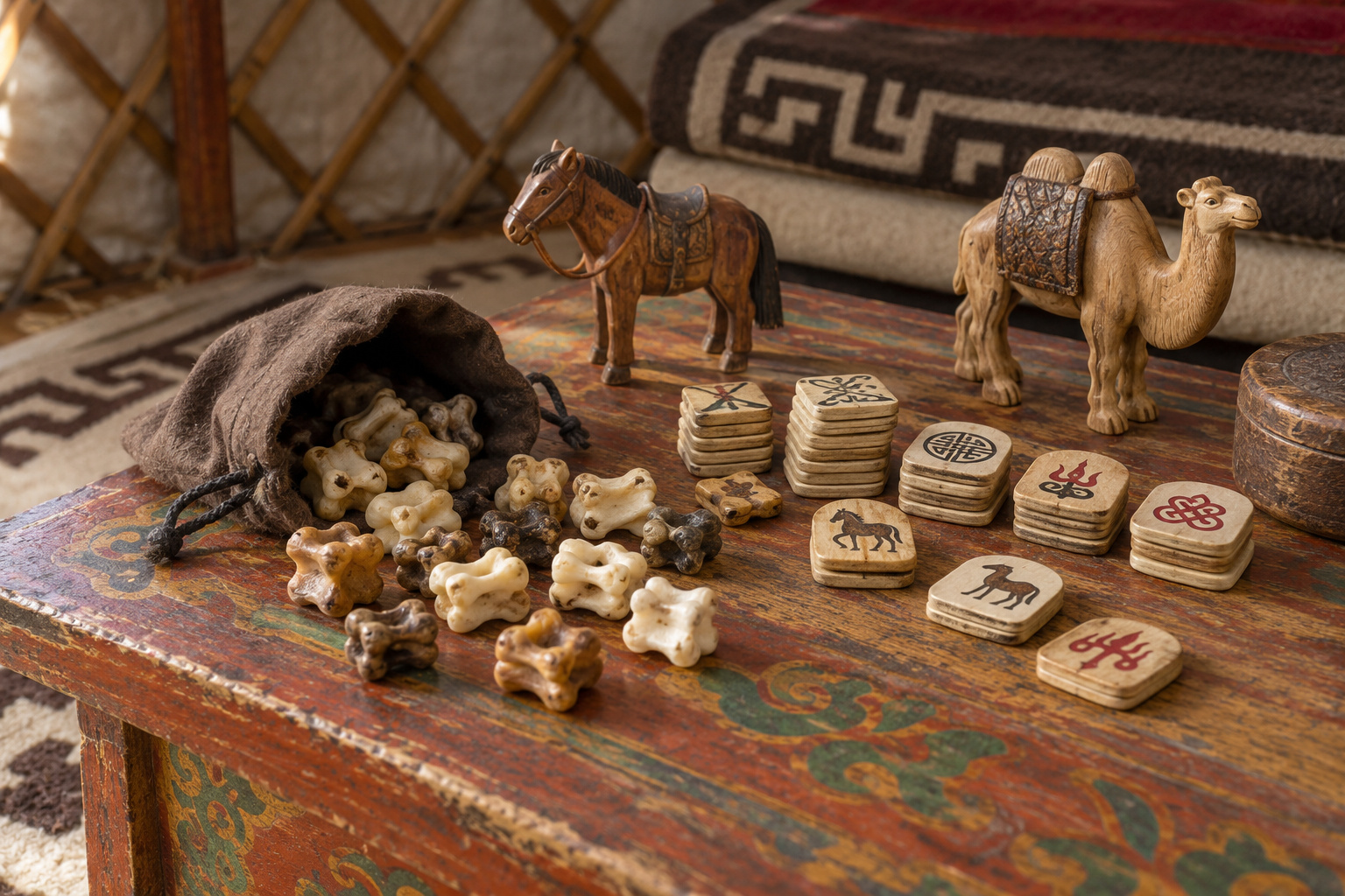 Mongolian Games and Toys: Shagai, Khorol and Nomadic Play 2 Sheep anklebones, carved khorol pieces, felt balls and a wooden horse toy on a felt rug
