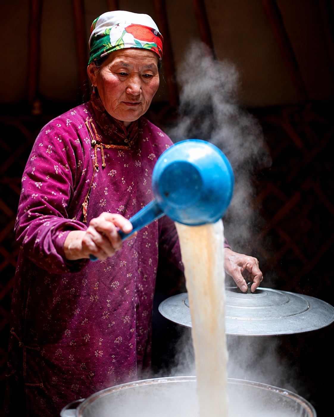 What Is Mongolian Milk Tea and How Do You Prepare It? 3 steaming milk tea in a yurt kitchen